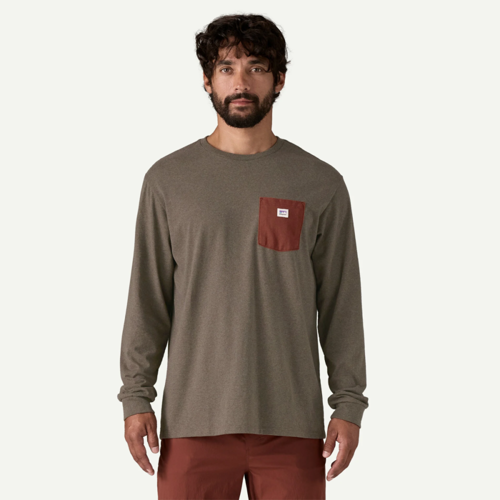 Patagonia M's L/S Shop Sticker Pocket Responsibili-Tee, Marlow Brown, S